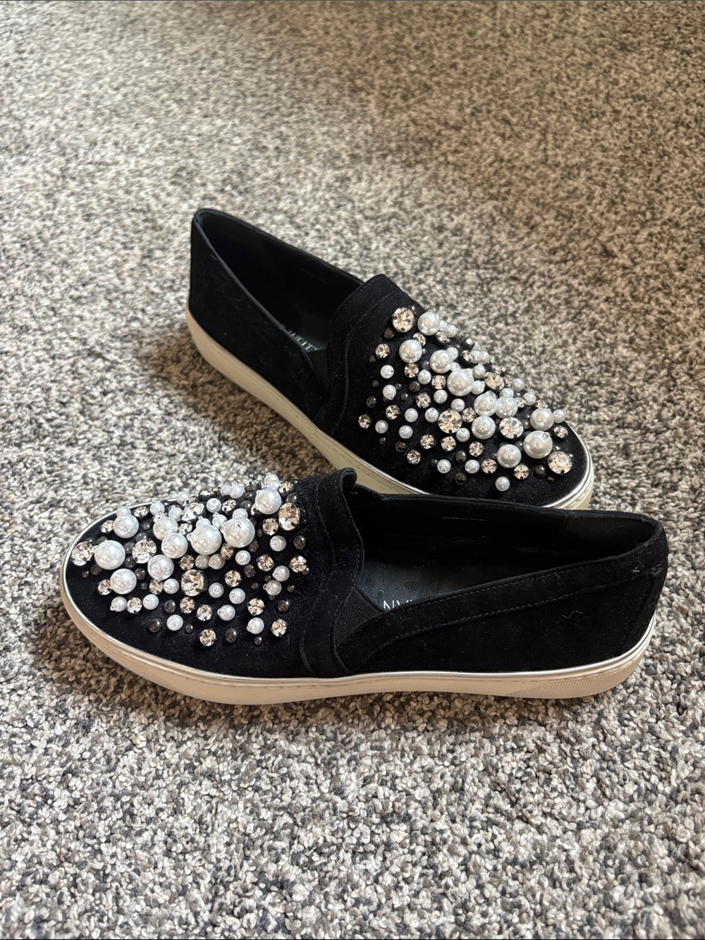 Stuart Weitzman Black Pearl & Crystal Embellished Slip-On Mules
